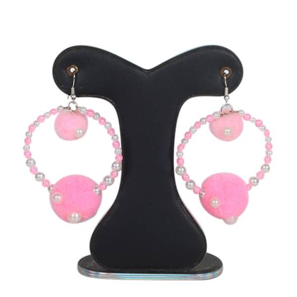 Pink pom pom earring with beads