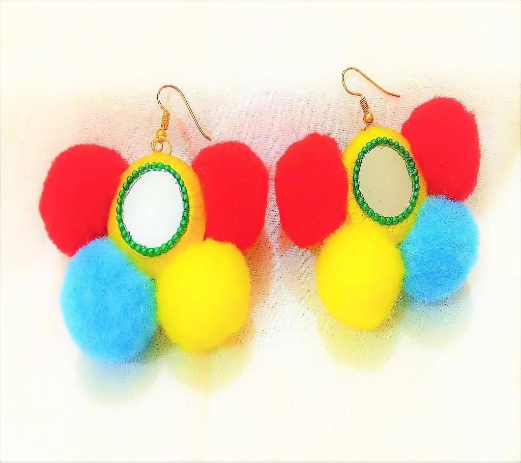 Multi Color Round Pom Pom Earring