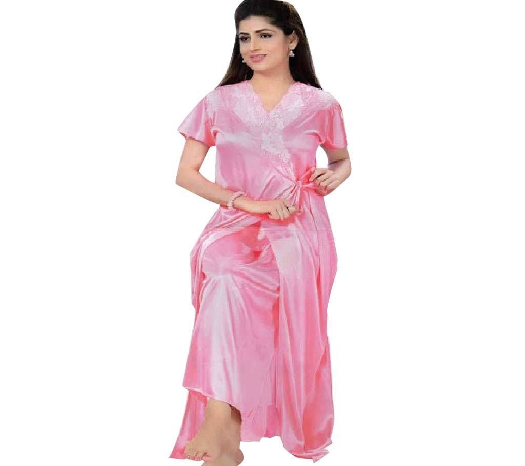 Salmon Silk Night Dress for Women- Pink (2 Part)