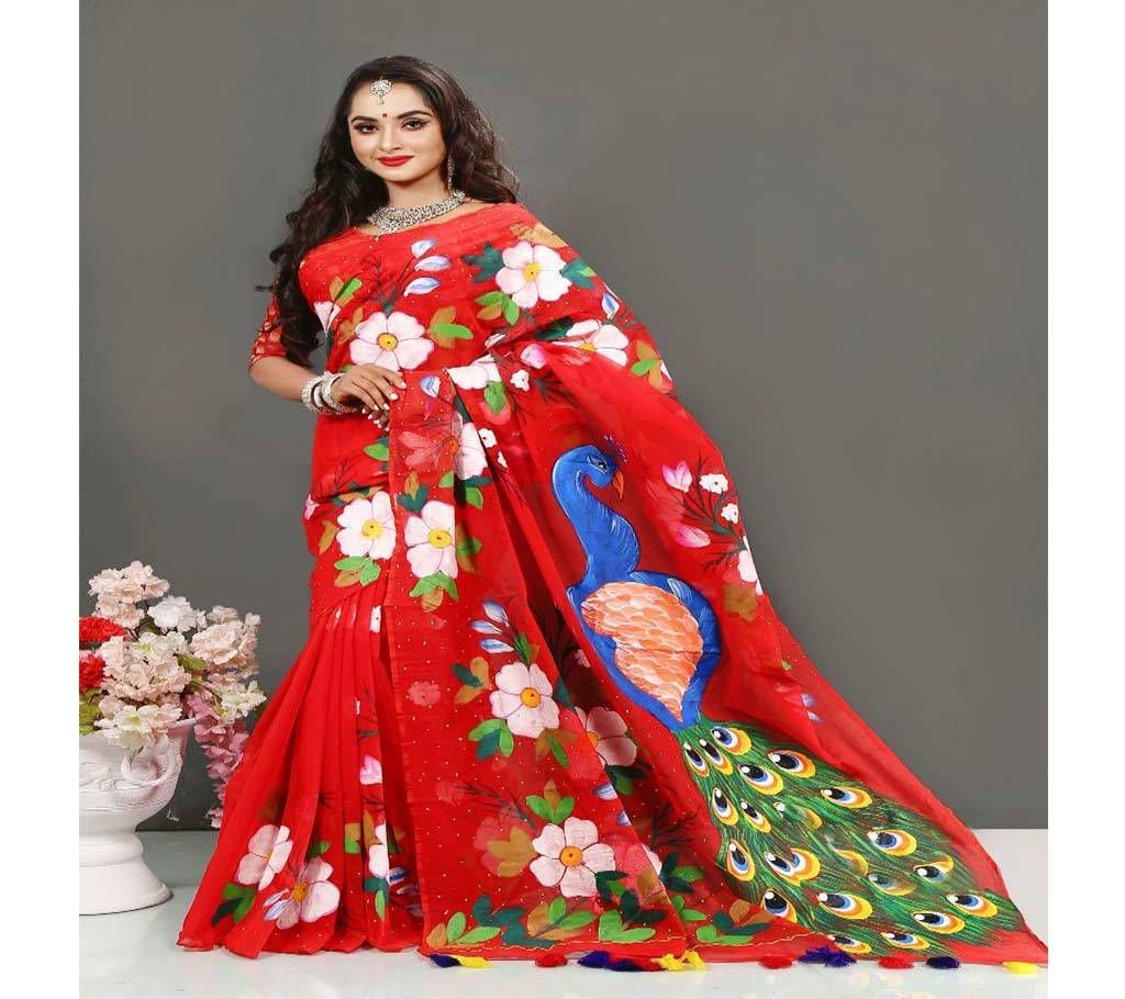 Pure Deshi Beautiful Sharee - 162 - Red Maroon with Colorful Flower and Peacock Design (SU622)