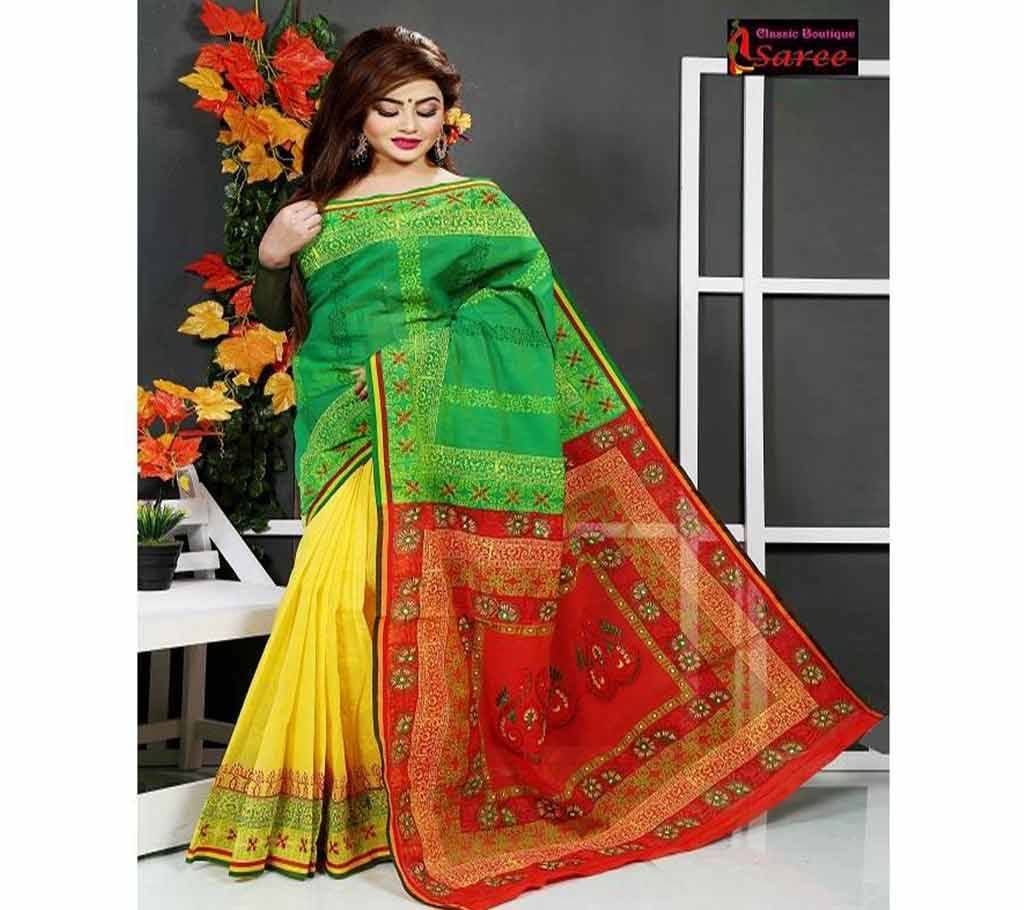 3 sheed Andy with hand block And hand embroidery And cut work Applique saree for women