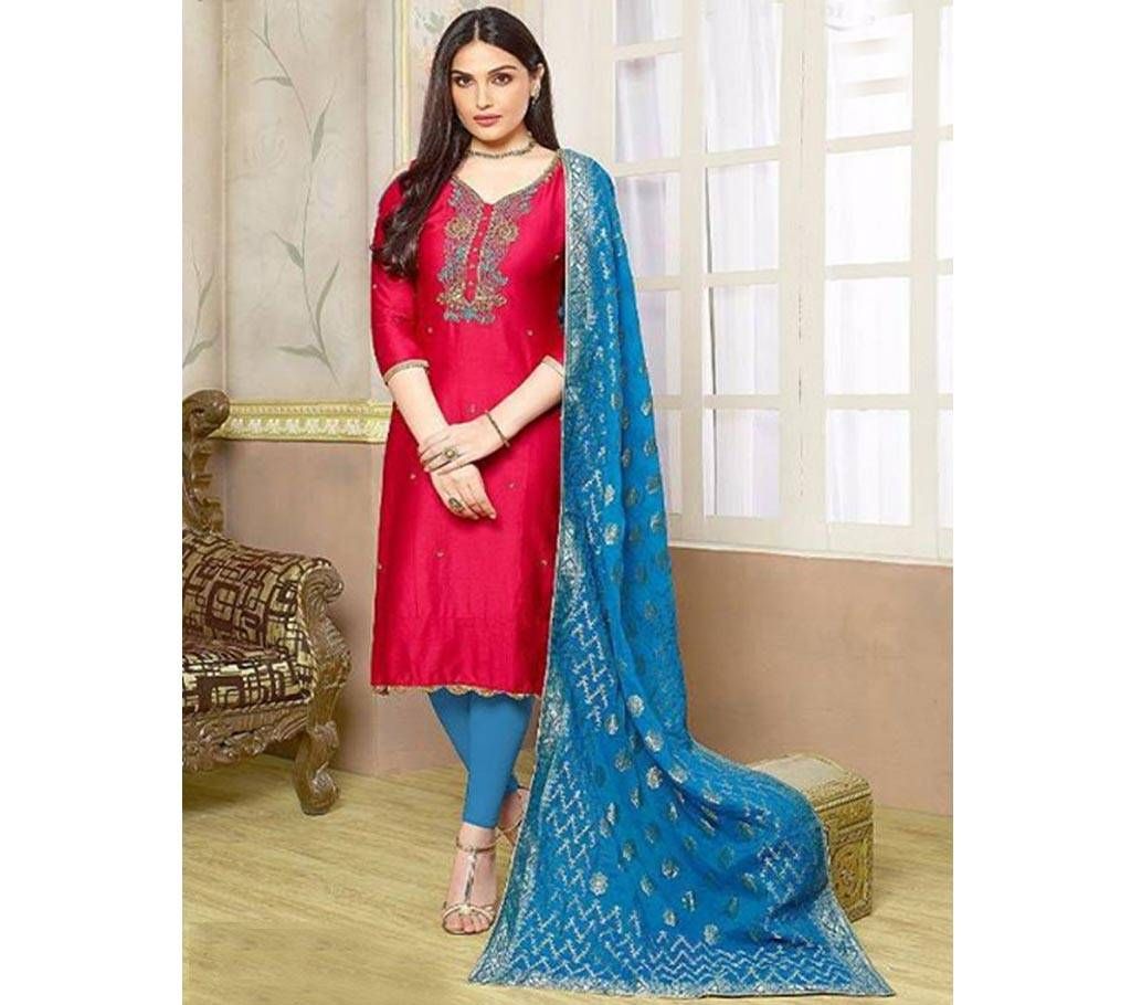 Your Choice Mehandi Salwar Suit - Red With Steel Blue Orna - 2837 Unstitched Three Piece - Copy