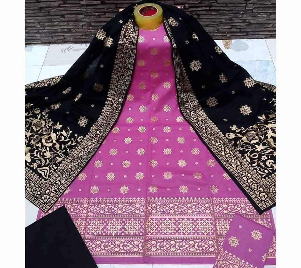 Unstitched Light Violet and Black Cotton Salwar Kameez for Women