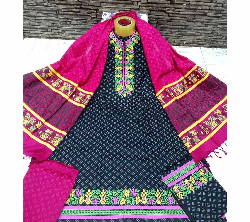 Unstitched Black Cotton screen Printed Salwar Kameez for Women