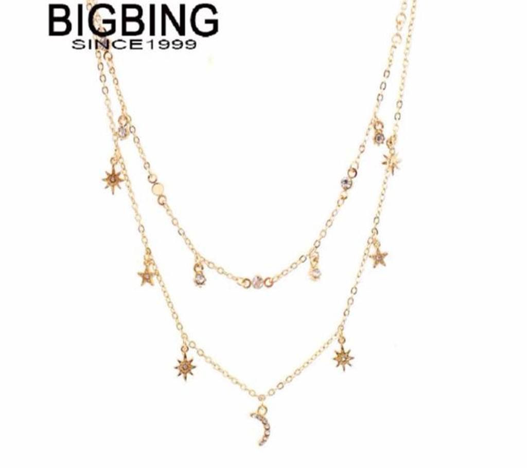Two Layer crystal moon star tassel Necklace