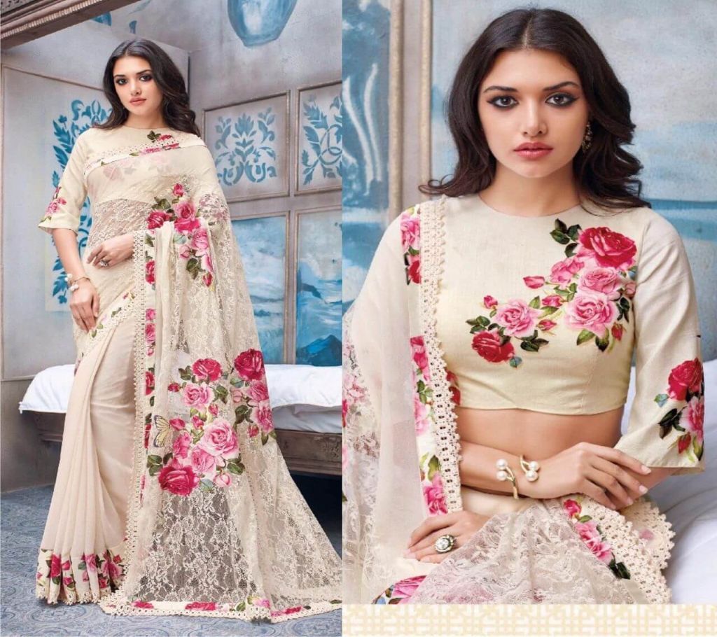 Fancy designer Saree - White - ASI