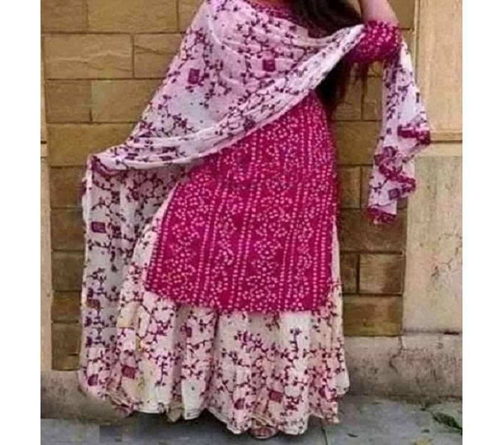 Unstitched  Deep Pink And White Block Printed Salwar Kameez For Women-free size