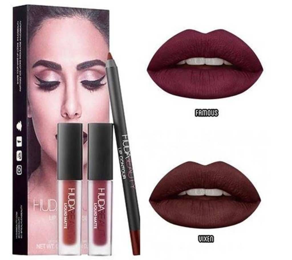 huda beauty lipstick & lip contour set- (RED)