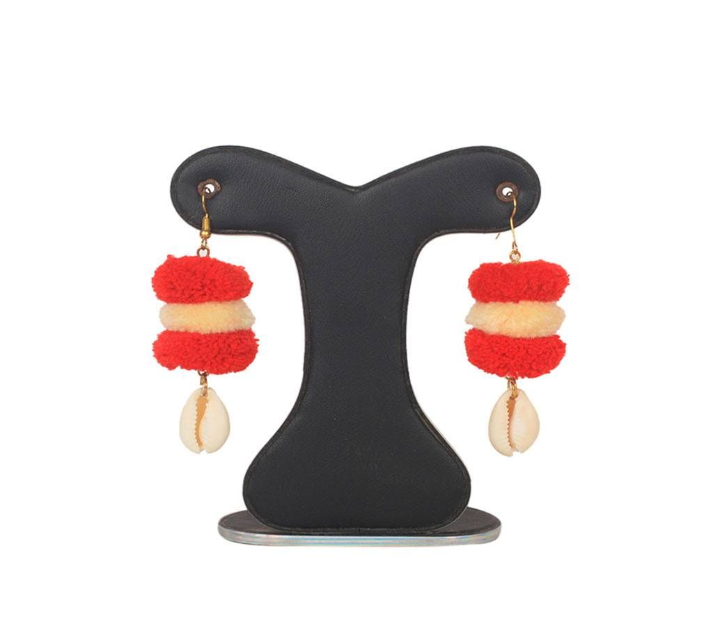 Red And Off White Pom Pom Earrings
