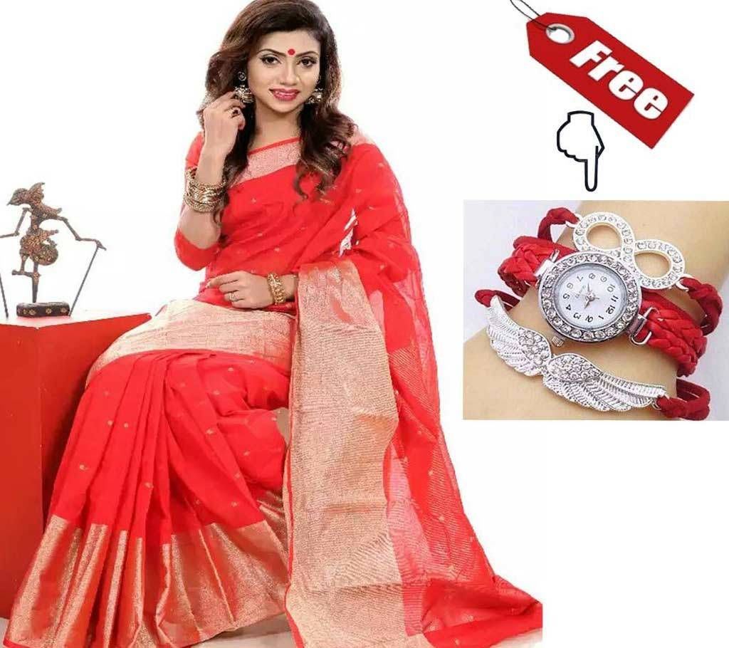 Monipuri Cotton Red Jorri Saree With Free Ladies Watch