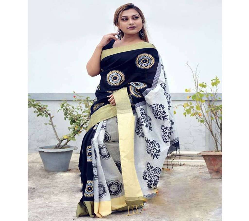 Half Silk Block Saree Black and white Combination With Gold Par Sharee 