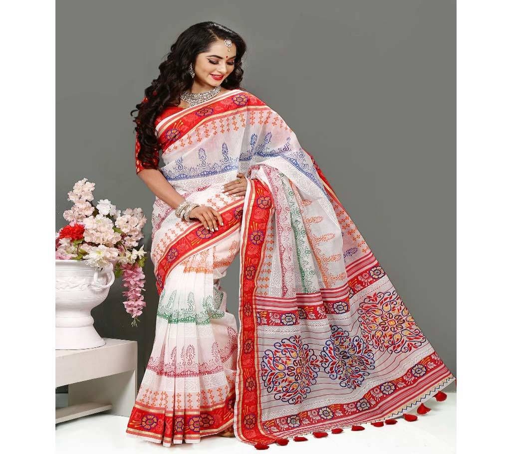 Pure Deshi Beautiful Sharee - 165 - Off White with Red Orange Paar and Colorful Design in Paar and Body (SU623)