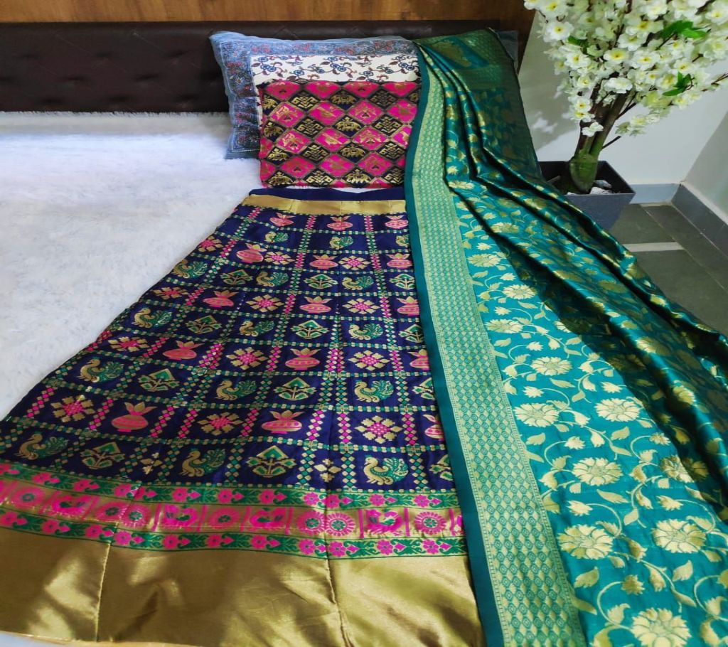 BANARASI SILK Lehenga -  Dark Navy Blue with Multi Flower Design and Olive Golden Paar - 1 code-(SU717)