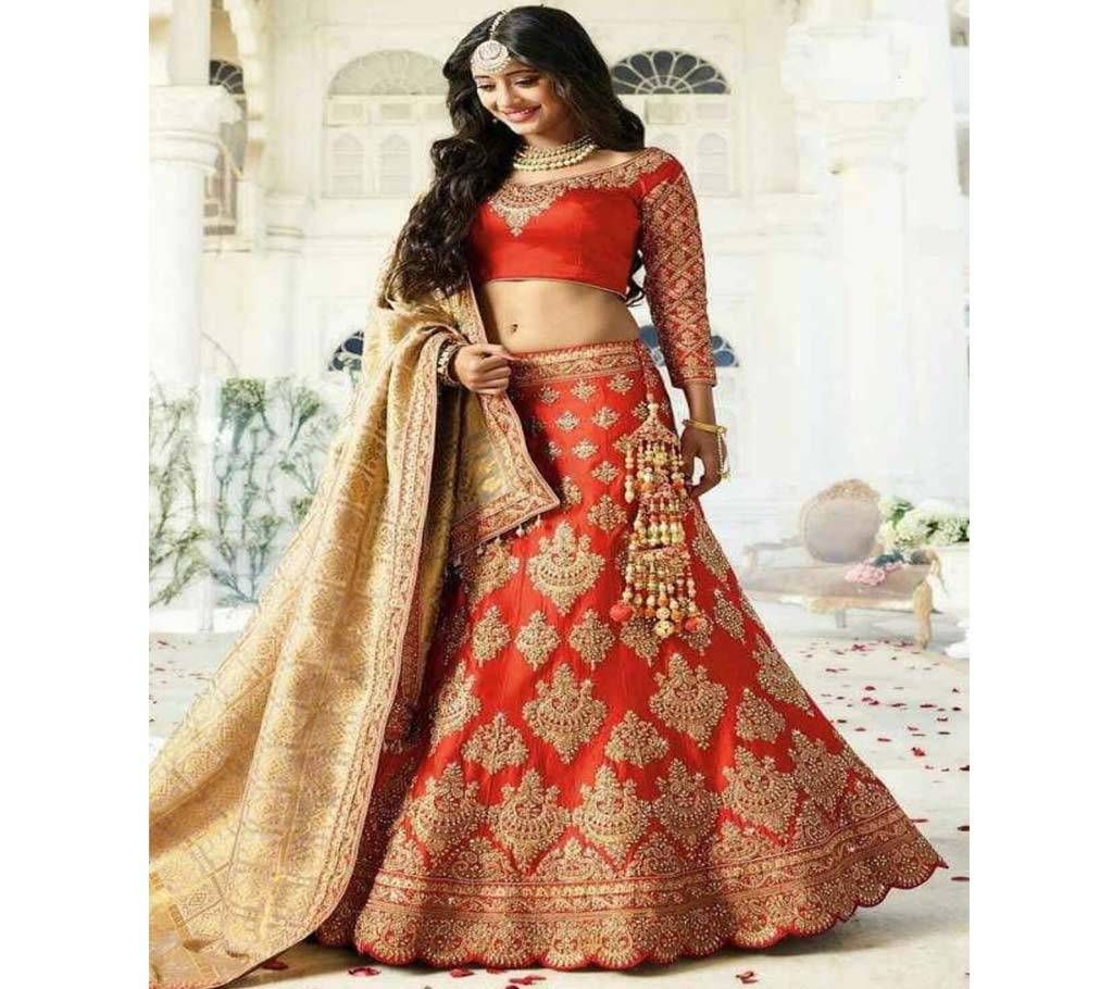 Golden and Orange Georgette Embroidered Unstitched Lehenga for Women
