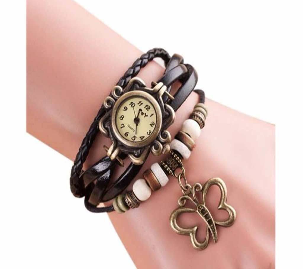 Quartz Analog Vintage Leather Bracelet Watch (Butterfly) For Women