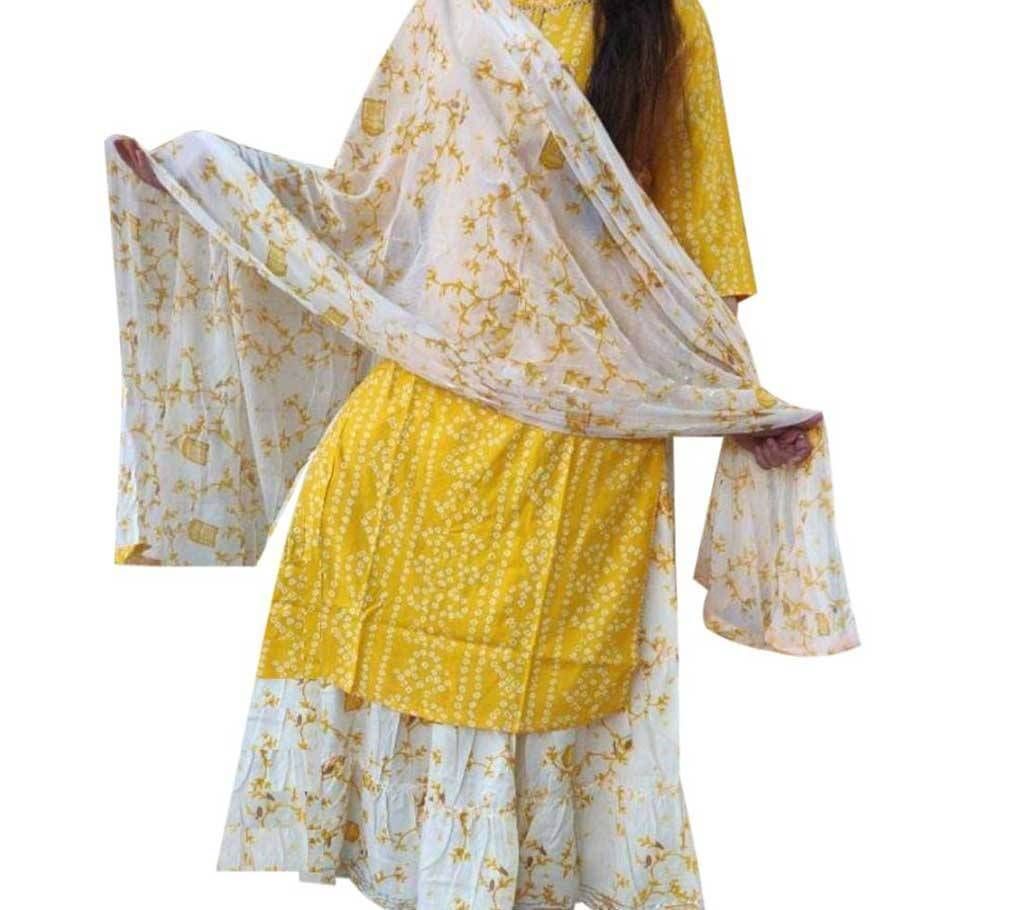 Unstitched Yellow And White Block Printed Salwar Kameez For Women-free size