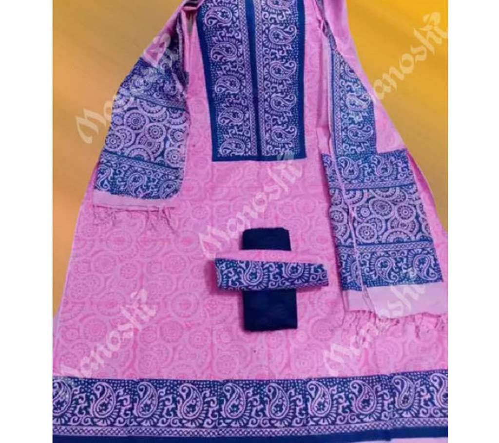Unstitched Block Printed Three Piece for Women Pink and Blue