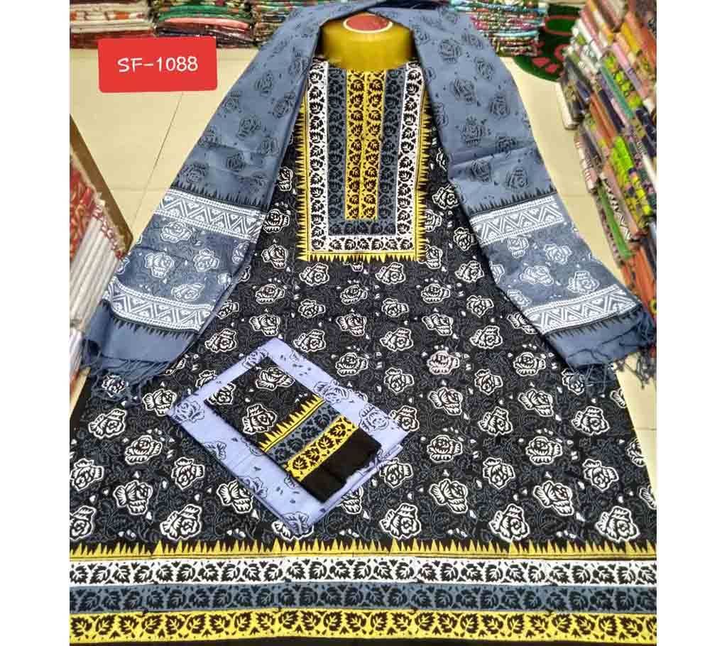 Block Printed Unstitched Cotton Three Piece - Black 