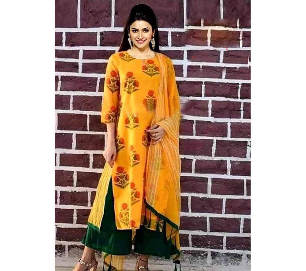  Cotton Un-Stitched Salwar Kameez for Women- Yellow 