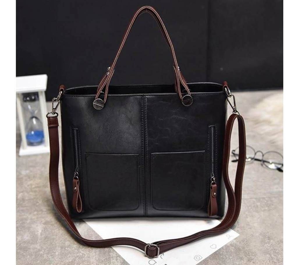 Women shoulder vintage PU leather casual tote bag (Black) 1847B