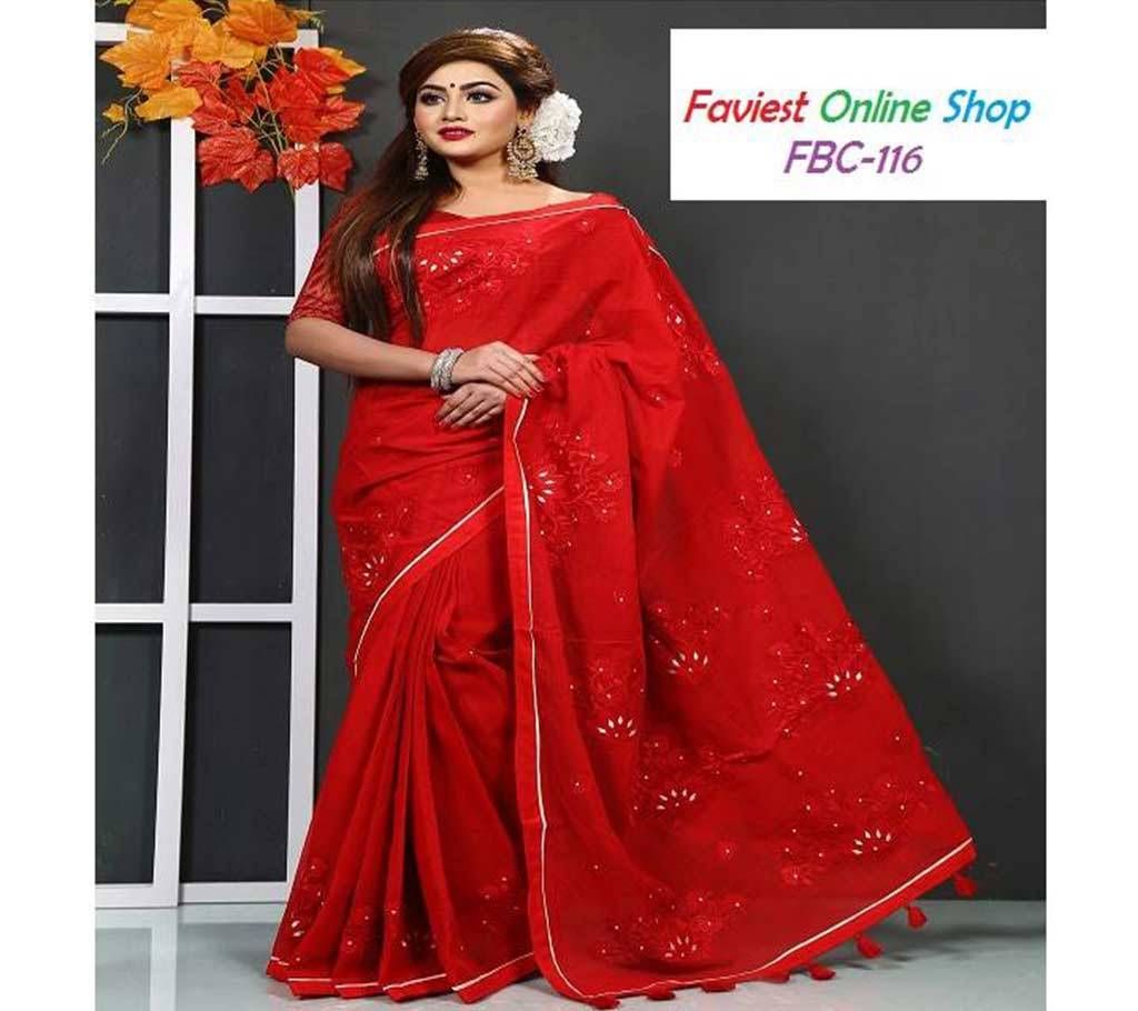 Red Cotton Boishakhi saree