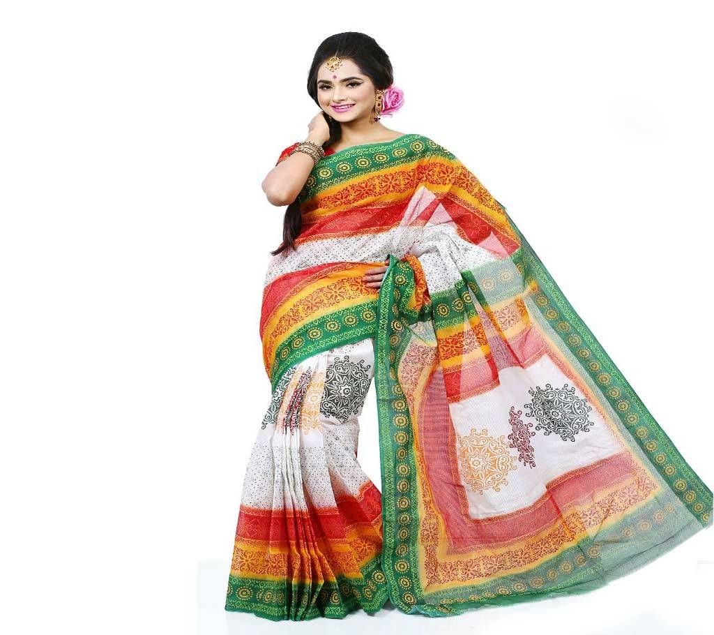 Pure Deshi Beautiful Sharee - 1032 - Off White with Red Orange, Golden yellow and Forest Green in Paar and Anchol code(SU624)