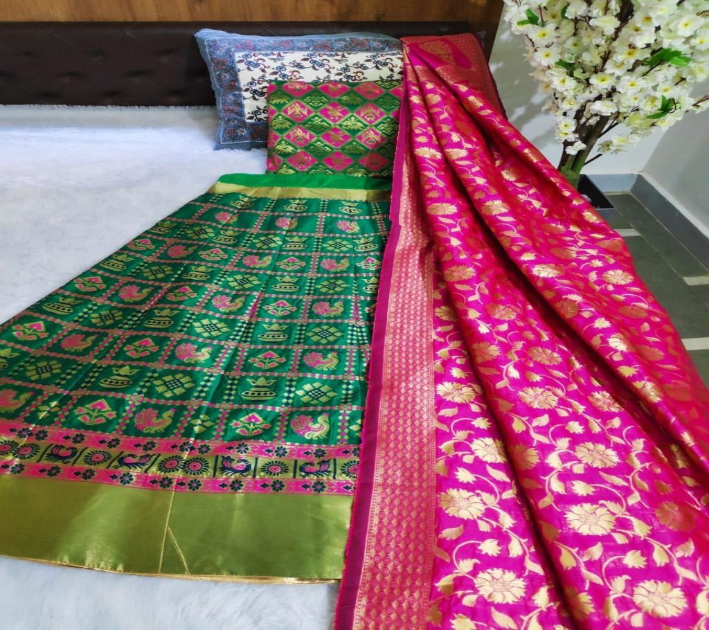 BANARASI SILK Lehenga - Sea Green with Multi Color Design and Olive Golden Paar - 3 (SU718)