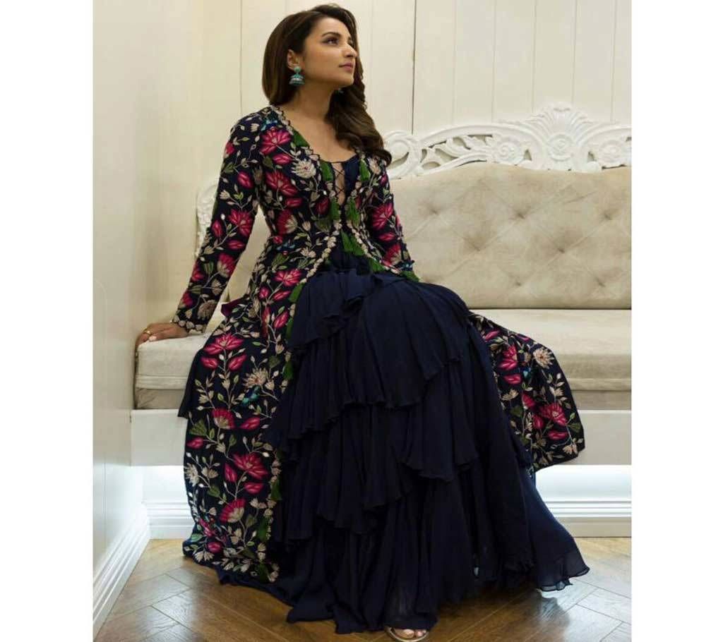 Unstitched  Navy blue dopatta lehenga 
