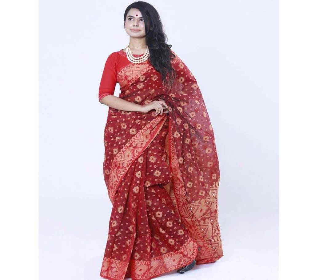 Red Colour Full Cotton Shahdadpur Jamdani Saree For Women