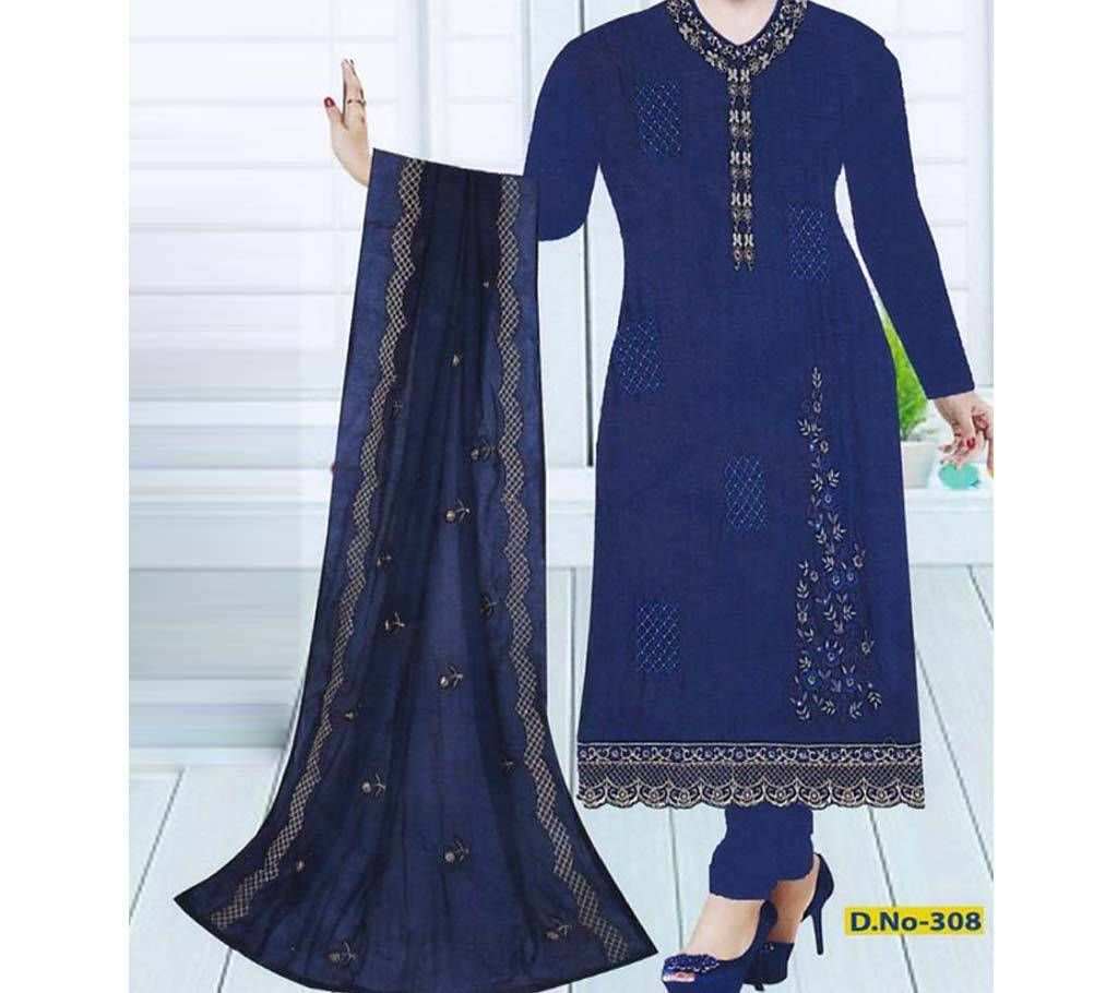 Unstitched Cotton Three Piece- Blue 