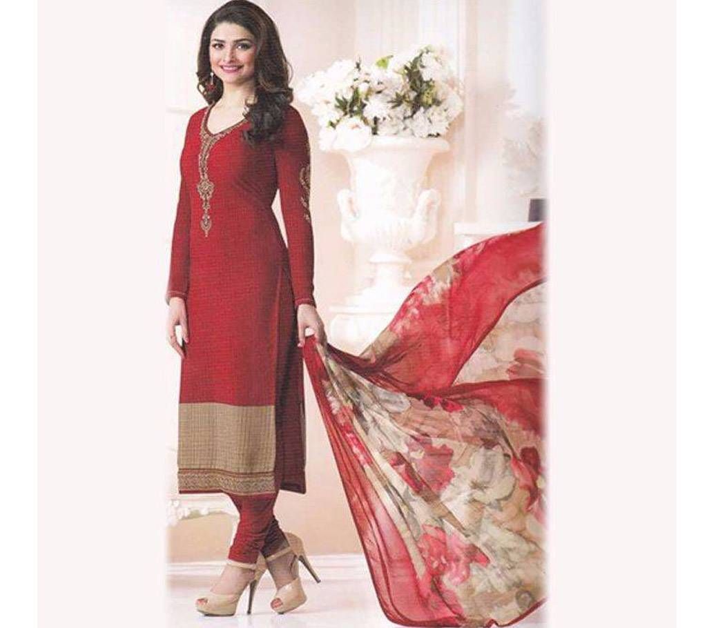 Maroon Cotton Mixed Georgette Unstitched 3pcs Dress 
