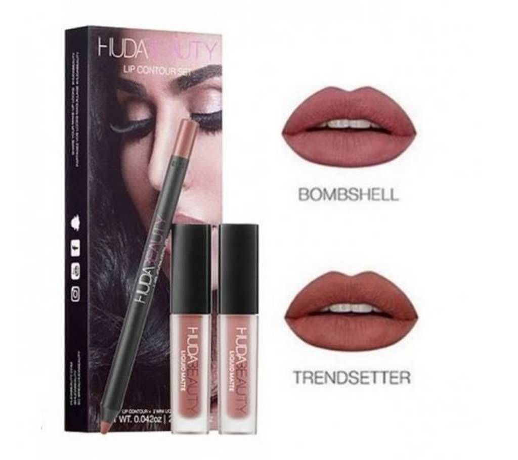 huda beauty lipstick & lip contour set- (BROWN)
