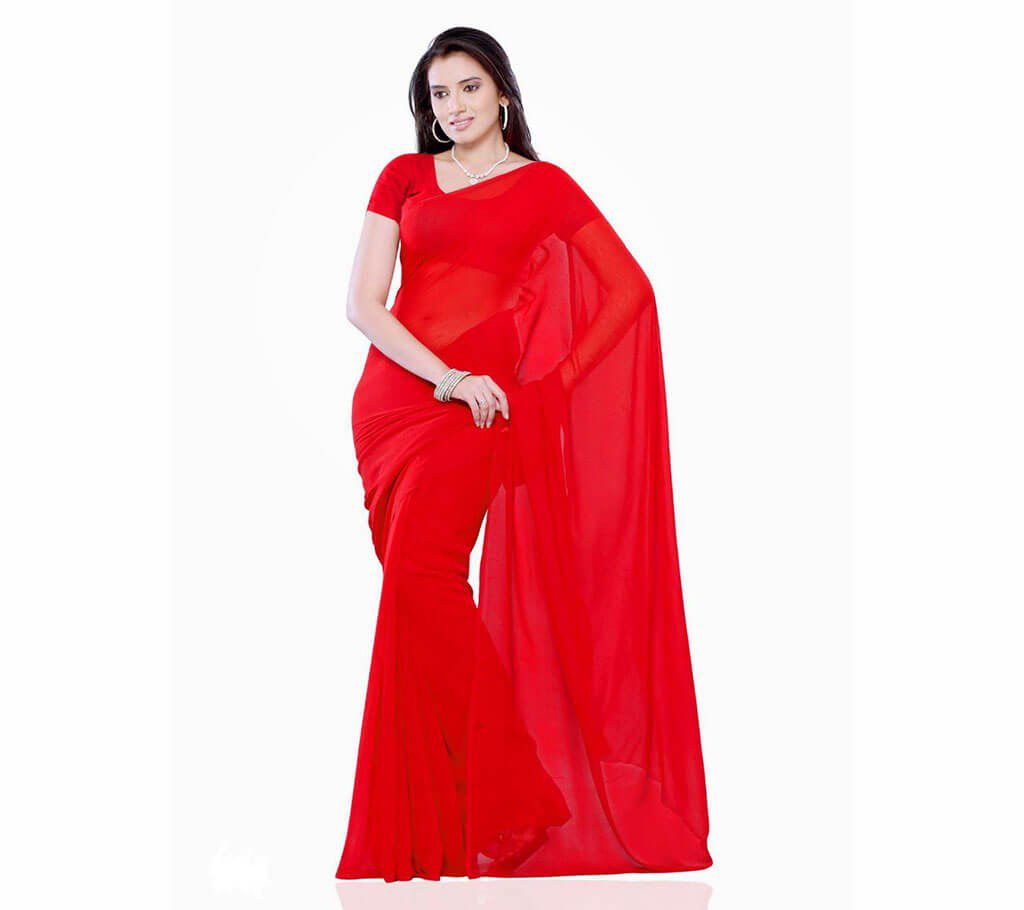 Indian Red Soft Plain Georgette plain design Saree
