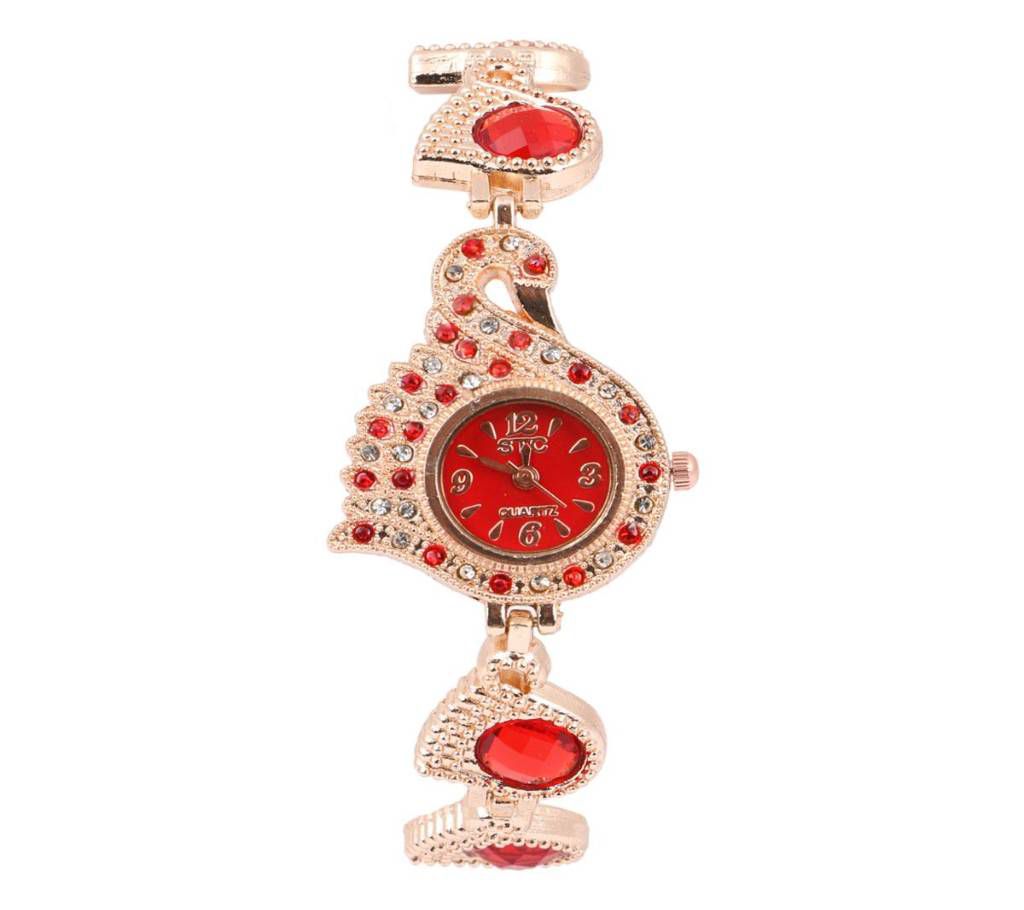 Stainless Steel Analog Watch for Women - Red and Golden