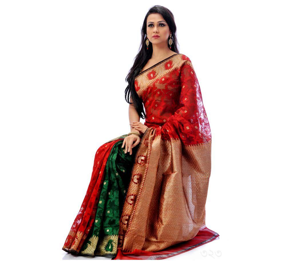Red & Green Combination Colorful Silk Sharee