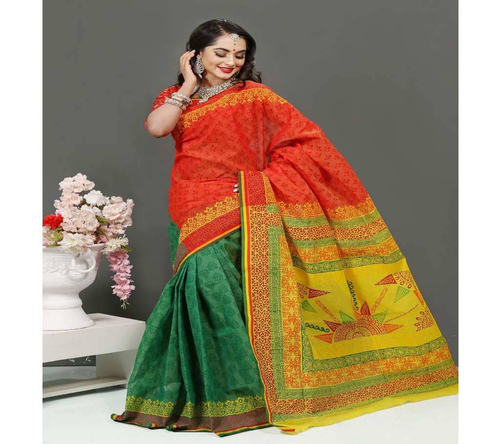 Pure Deshi Beautiful Sharee - 159 - Red Orange and Forest Green Part with Yellow Designful Anchol(SU619)