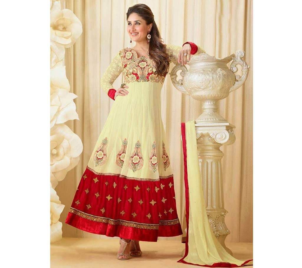 Unstiched White and Red Georgette Gown For Women