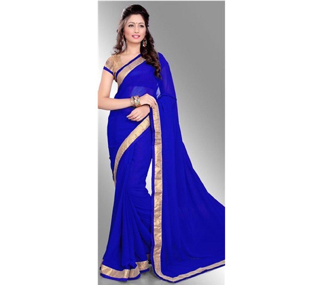 Blue Indian soft georgette sharee with lace border