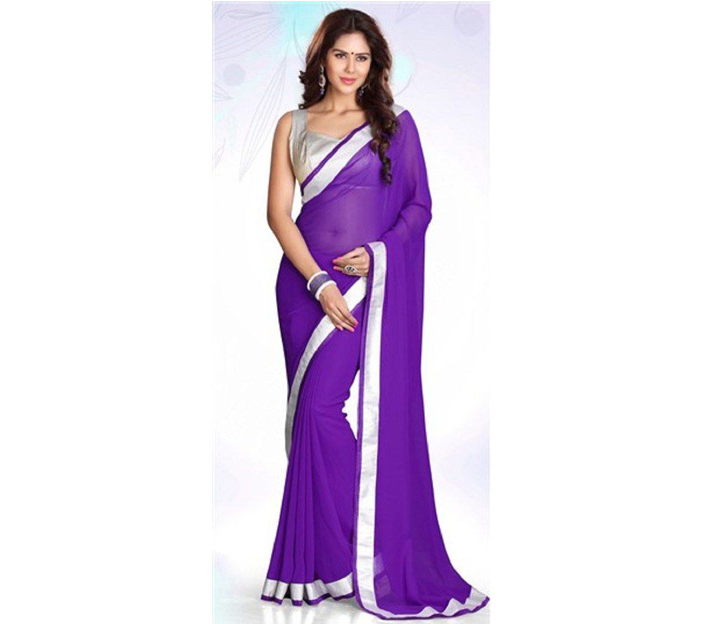 Purple Indian soft georgette sharee with lace border
