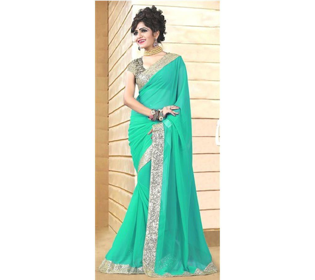 Aqua Indian soft georgette sharee with lace border