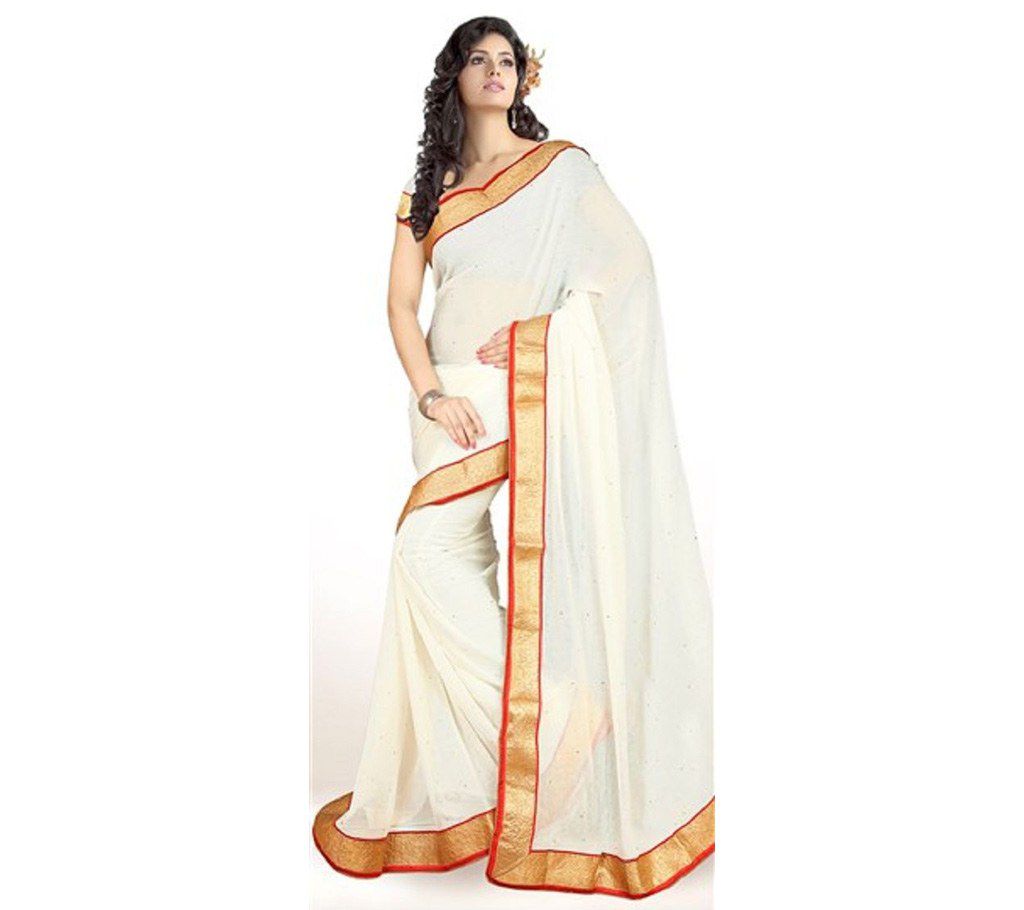 White Indian soft georgette sharee with lace border