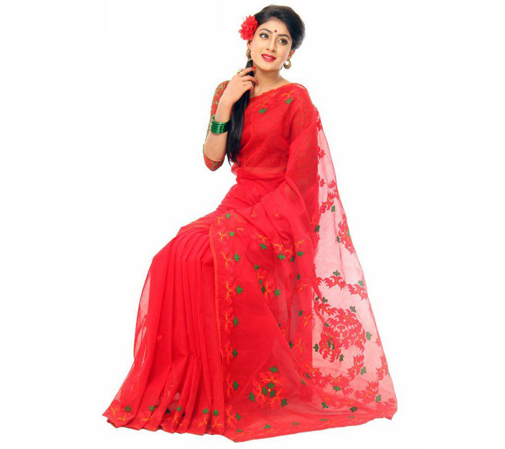 Pure red muslin silk embroidery with applique sharee