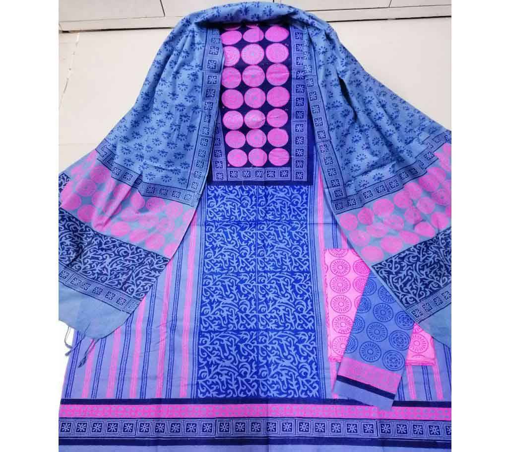Unstitched Deshi Cotton 3Pcs with Cotton Orna - 49 - Blue and Pink Design Mix