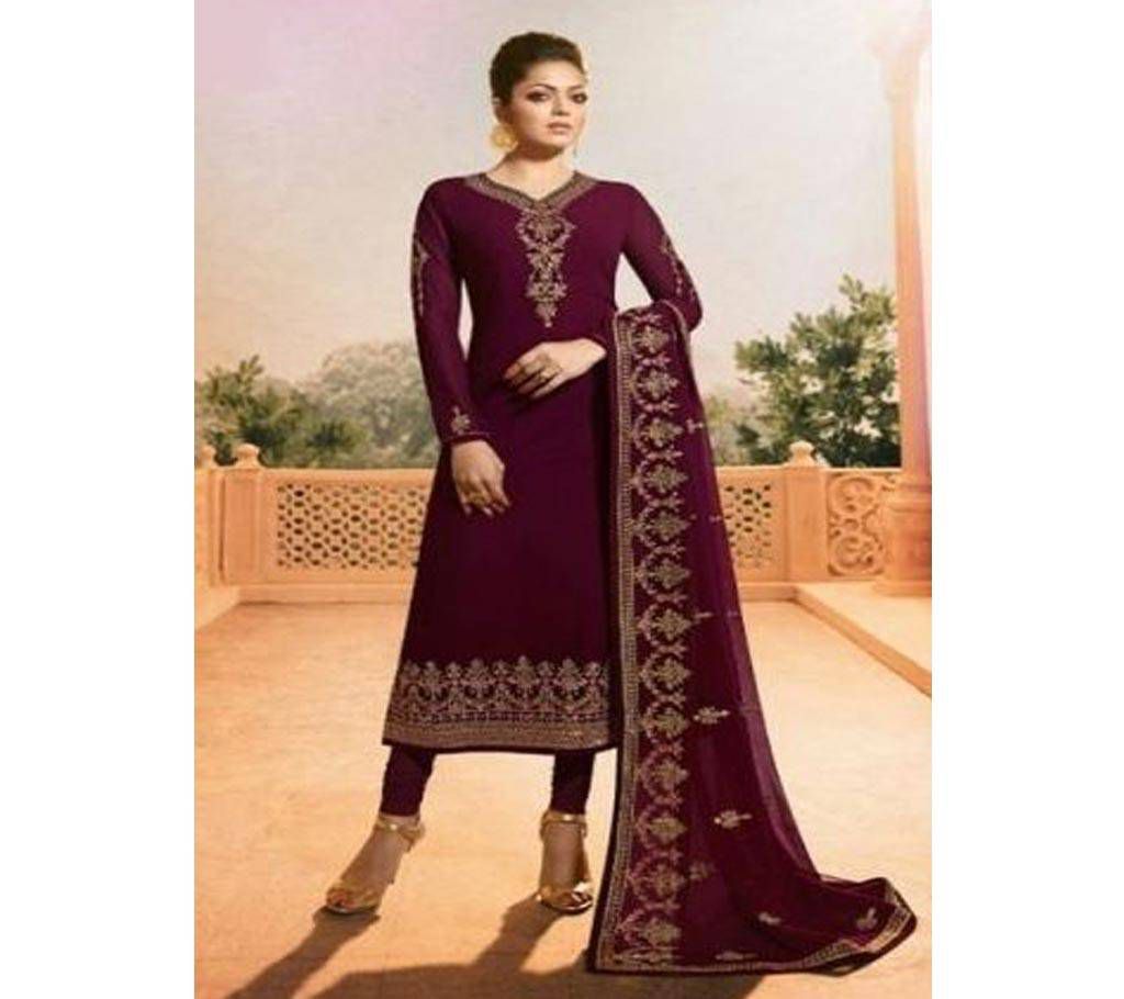 Georgette 3pc - Maroon Color with Leaf Design Maroon Orna