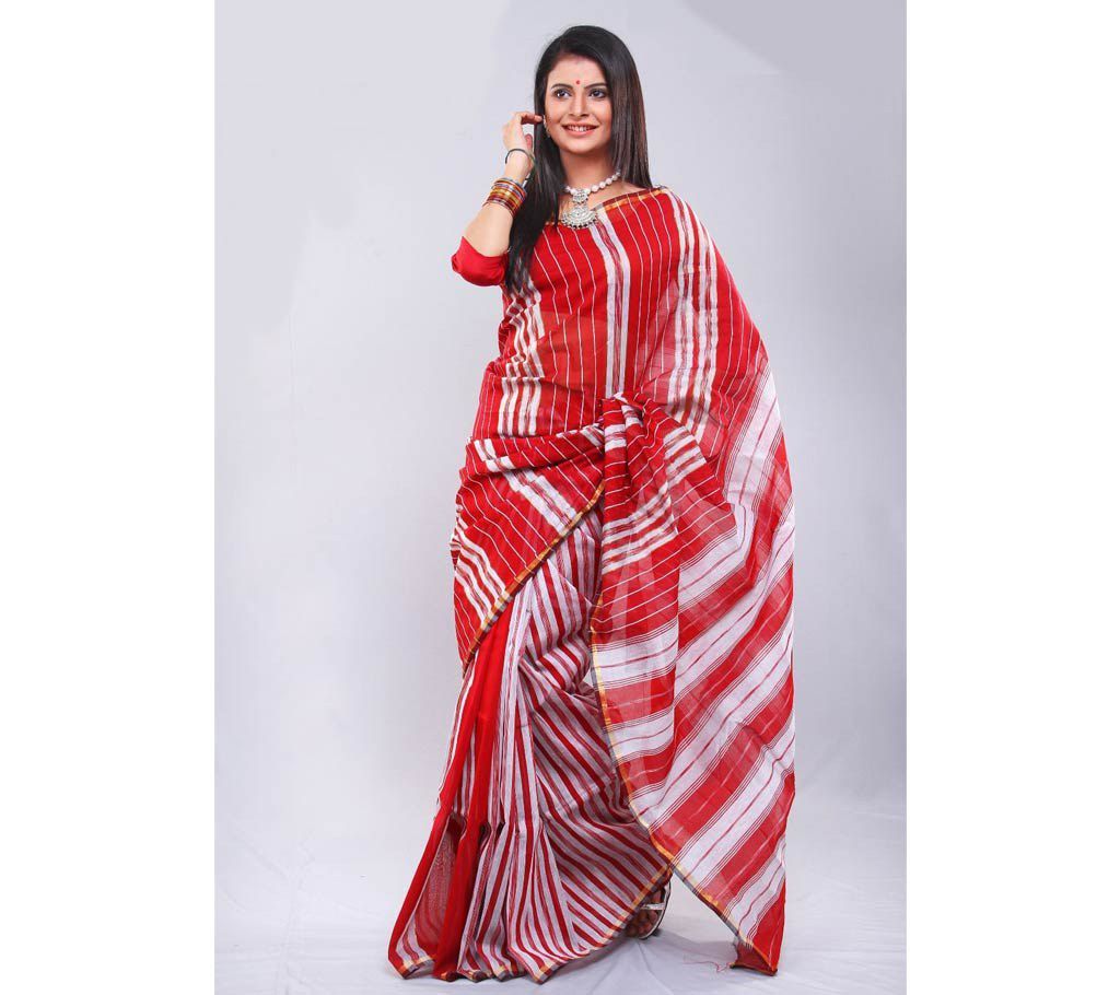 Red with White Striped Hand Loom Cotton Sharee