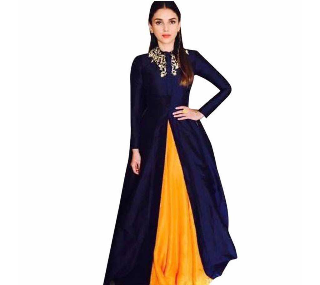 Navy Blue And Yellow Georgette Gown For Women 