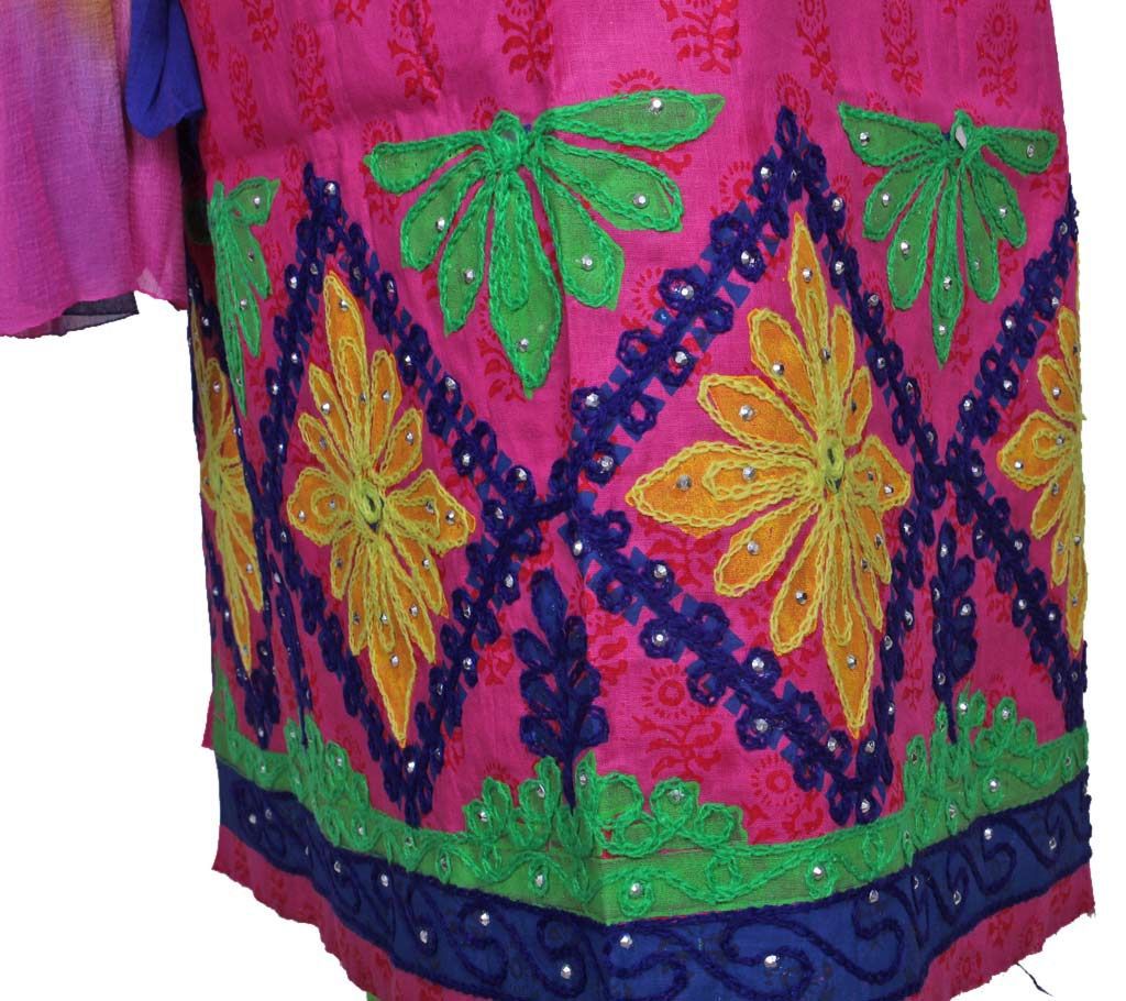 Unstitched block printed cotton embroidery three pc