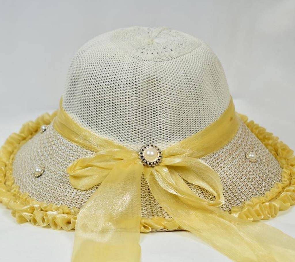White and Cream Mixced Fabric Hat for Women