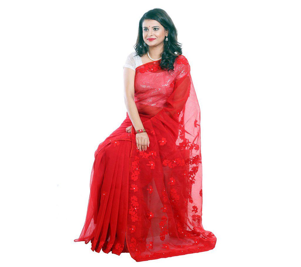 Red pure muslin silk embroidery with applique sharee 