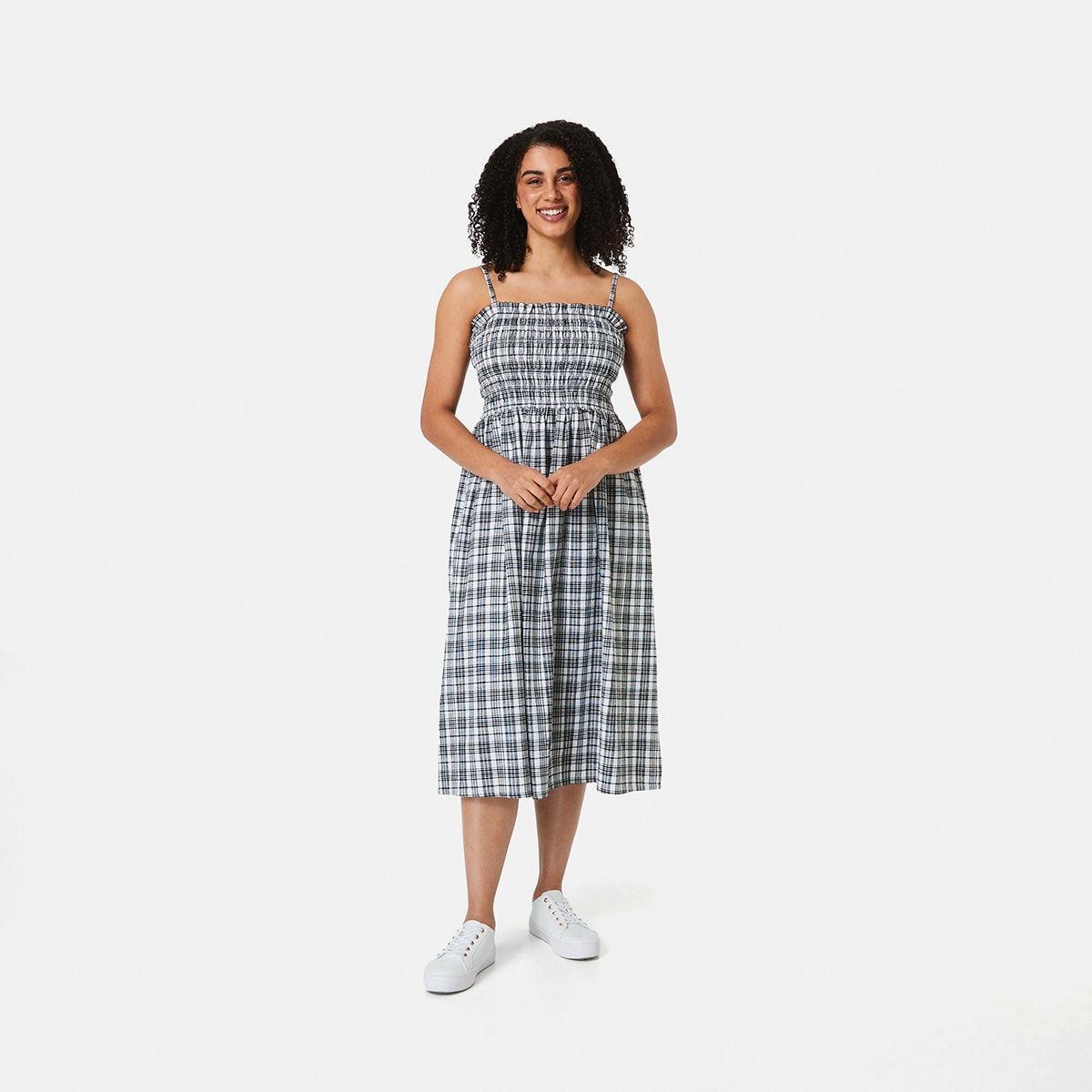 Sleeveless Strappy Shirred Bodice Midi Dress